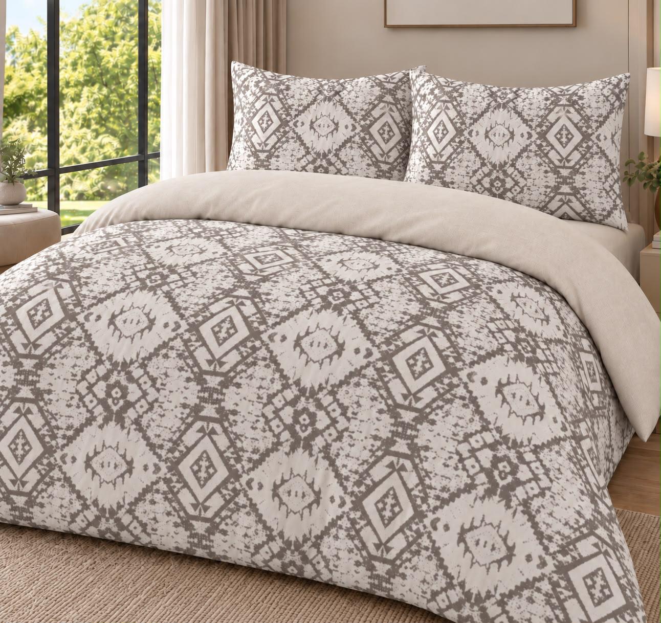 Grey geometric bed linen set in a bright bedroom