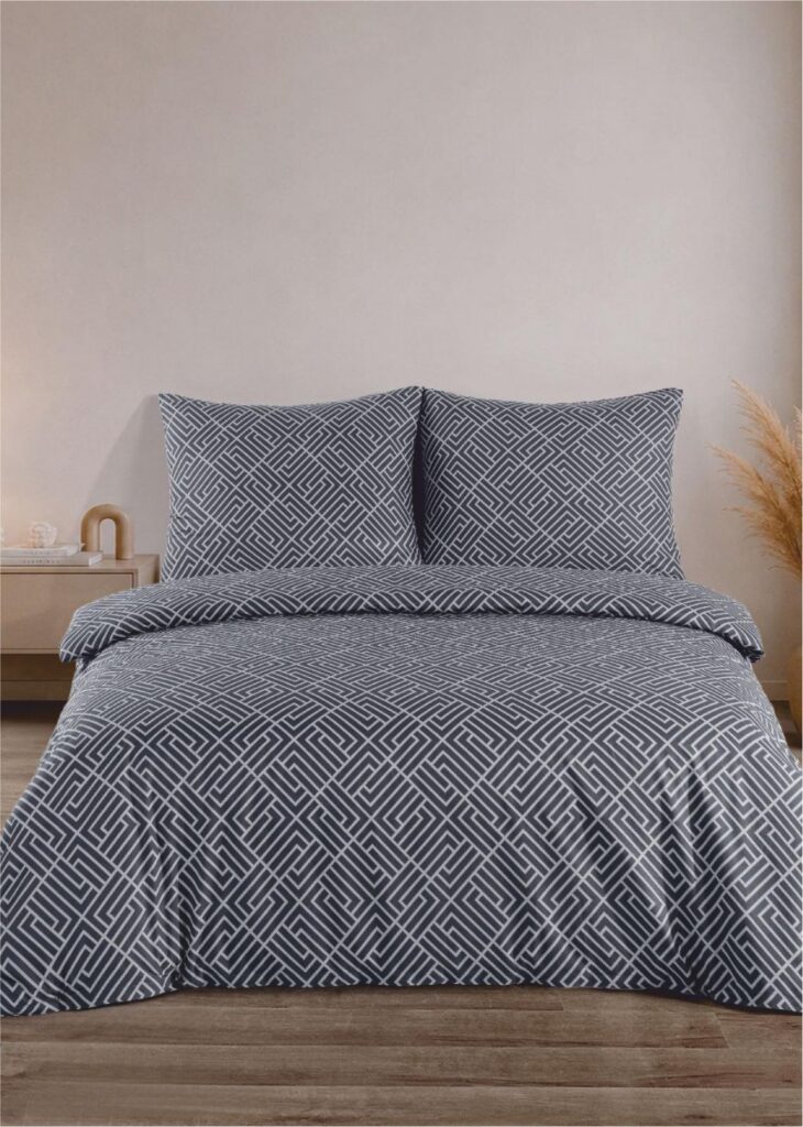Dark grey bed linen set with a geometric line pattern