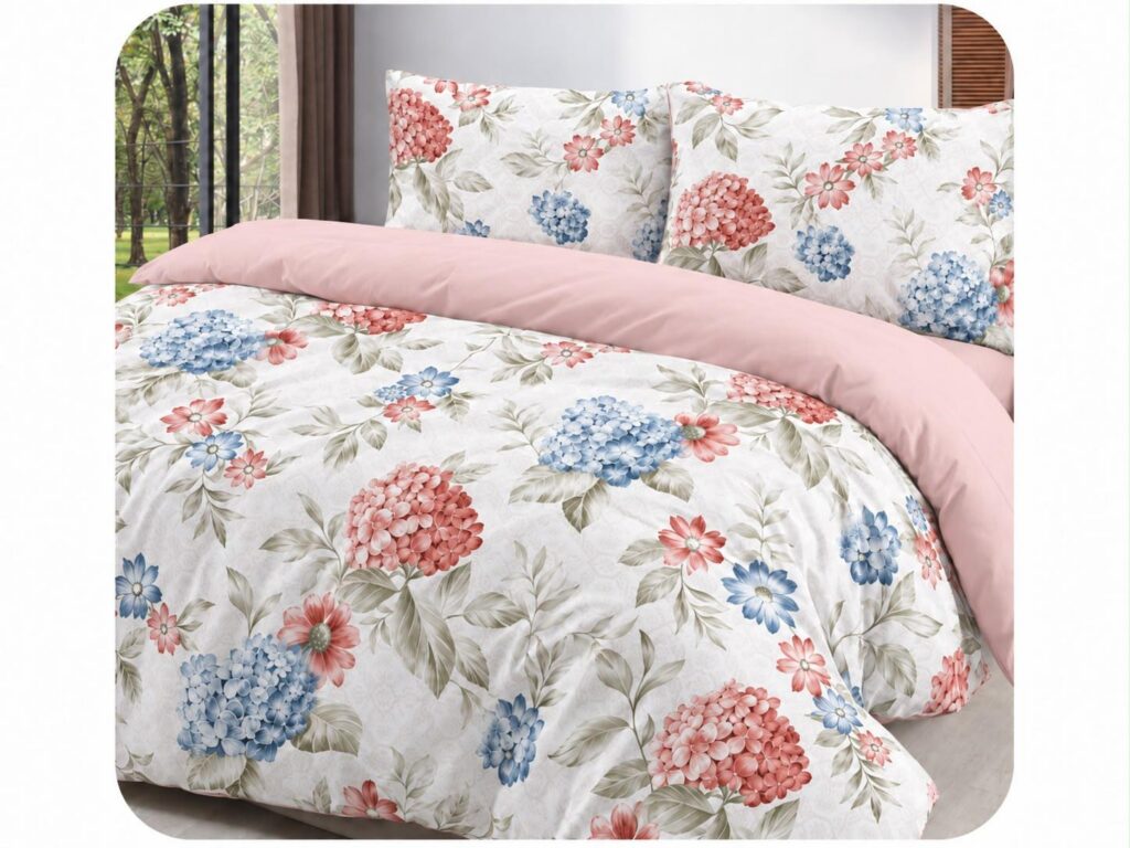 Pink and blue floral bed linen set with matching pillowcases