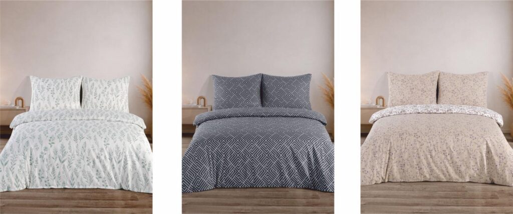 Three bed linen sets with leaf, geometric and small floral patterns shown together