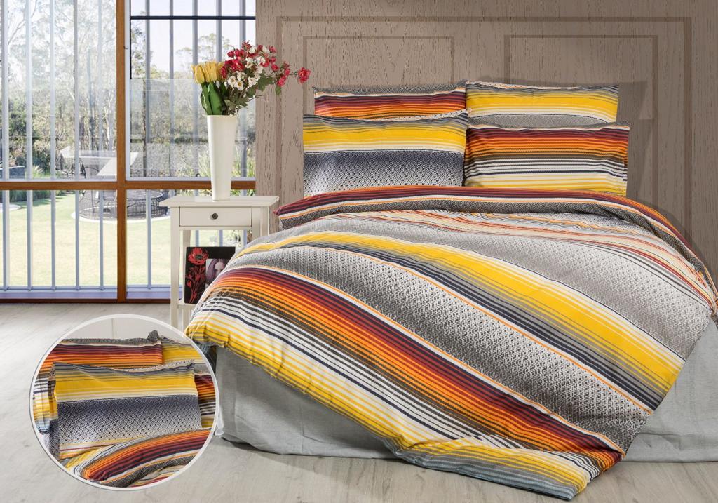 Yellow and orange striped bed linen set with a close-up of the pattern