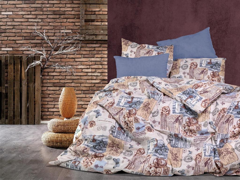 Bed linen set with rose, clock and postal motifs and blue pillowcases