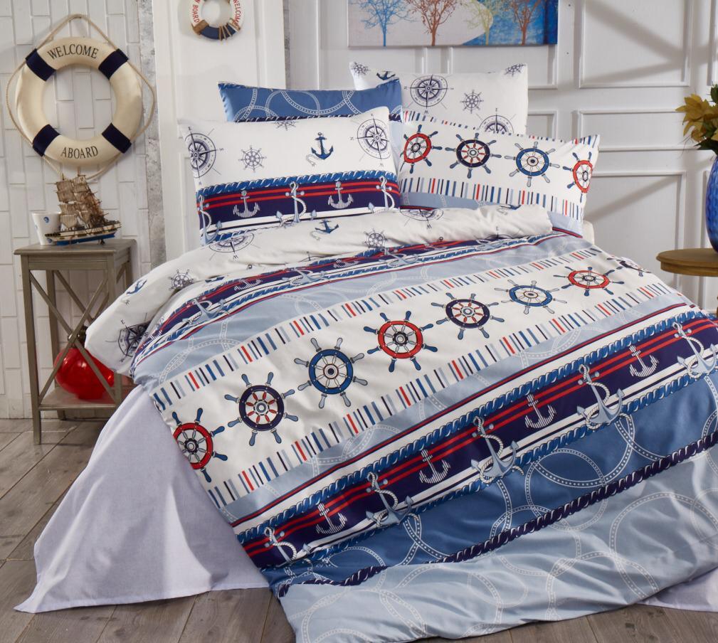 Navy and red bed linen set with anchor and ship’s wheel patterns