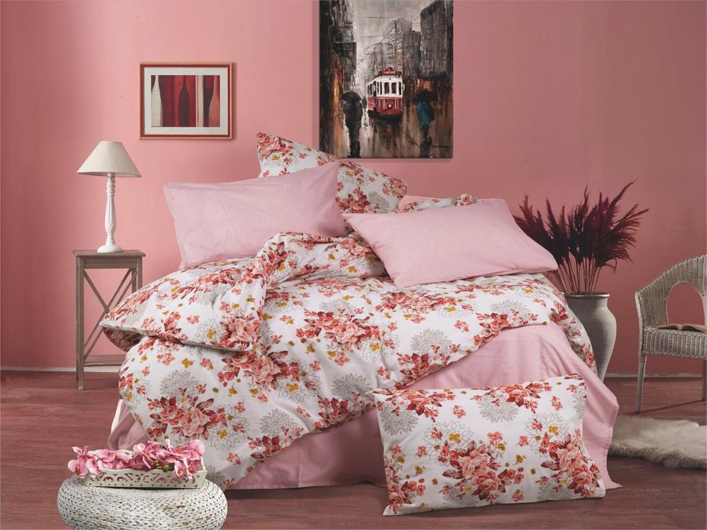 Pink rose bed linen set with plain pink pillowcases