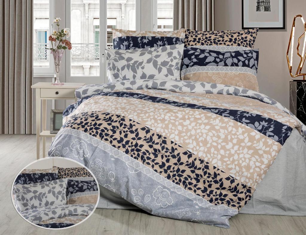 Navy, grey and beige bed linen set with leaf bands and a close-up of the pattern