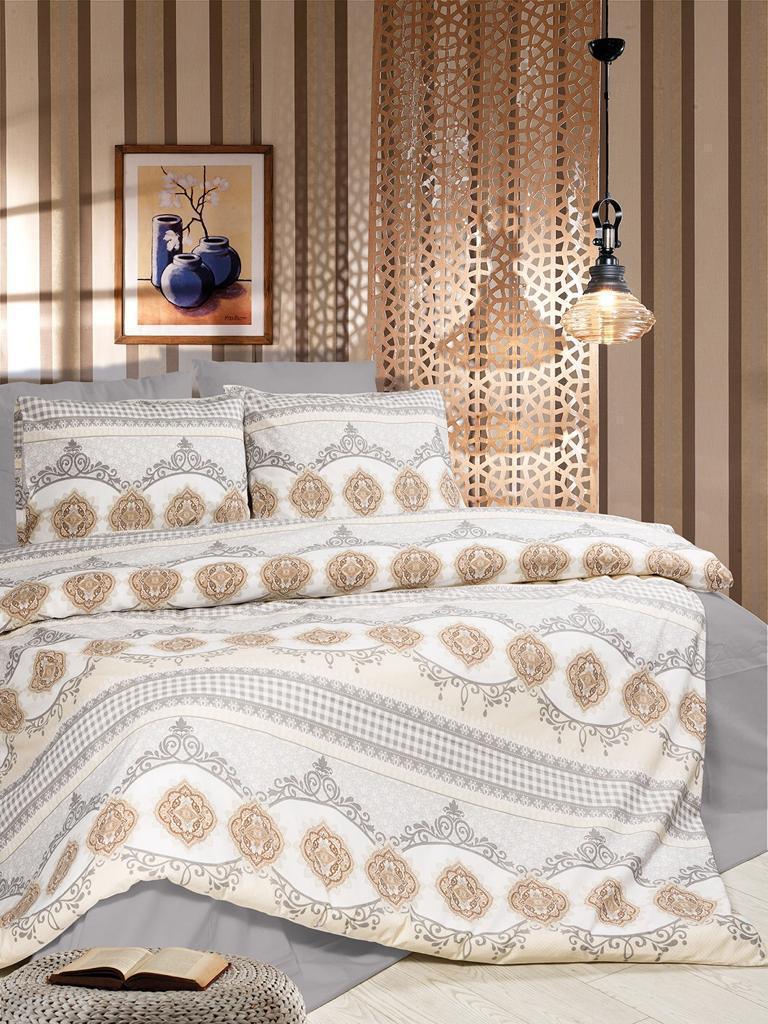 Bed linen set with beige medallions and grey ornamental patterns