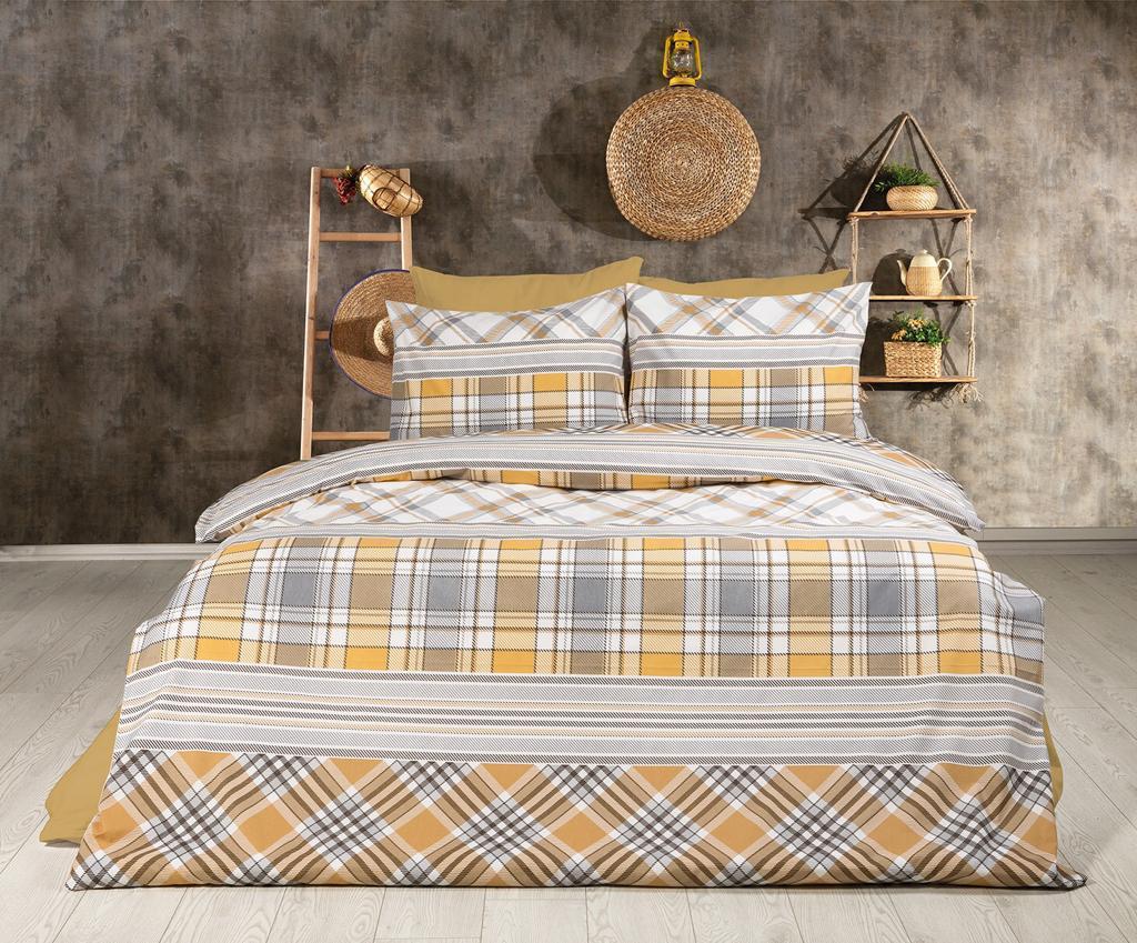 Front view of a mustard yellow and grey checked bed linen set