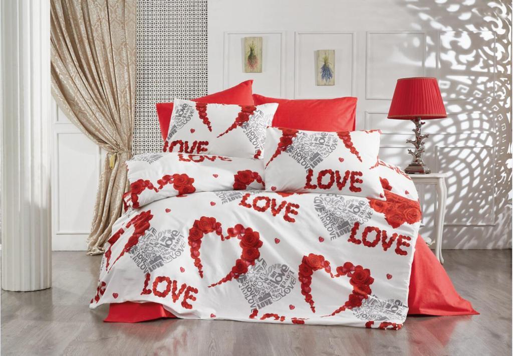 Bed linen set with red roses, hearts and LOVE lettering