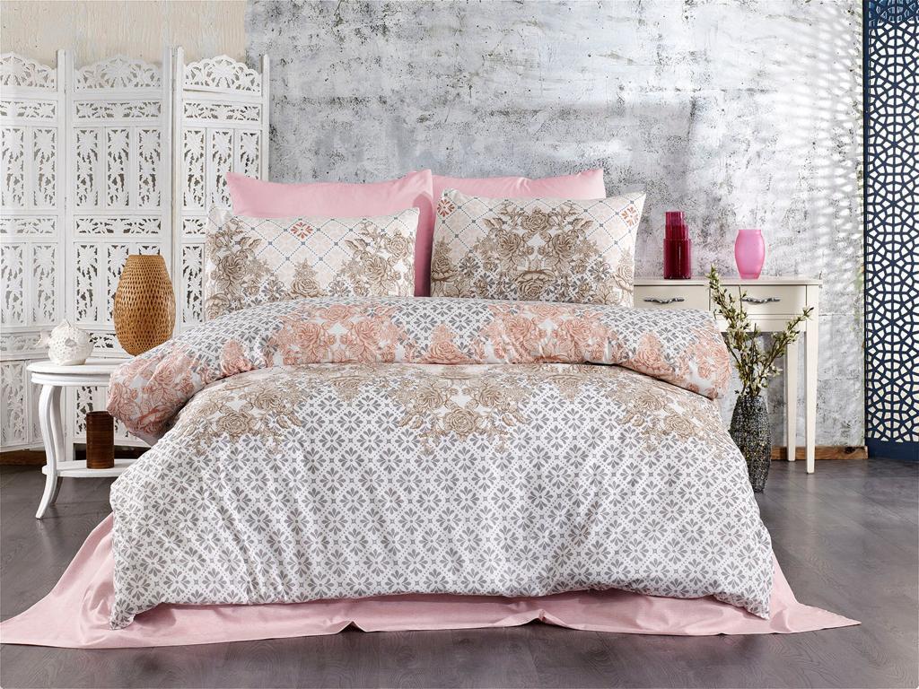 Grey and beige floral ornamental bed linen set with pink pillowcases