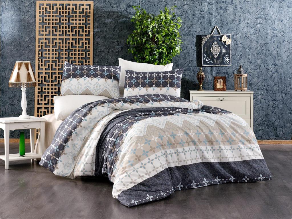 Navy and beige bed linen set with geometric patterns