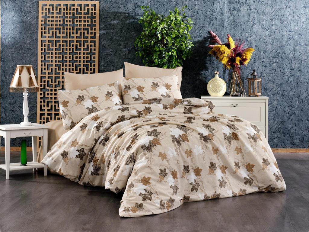 Completo letto a foglie su fondo crema