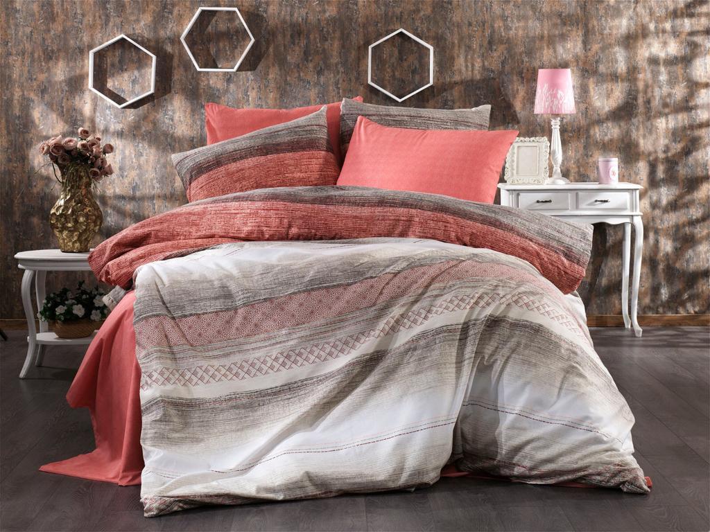 Bed linen set with coral and grey bands