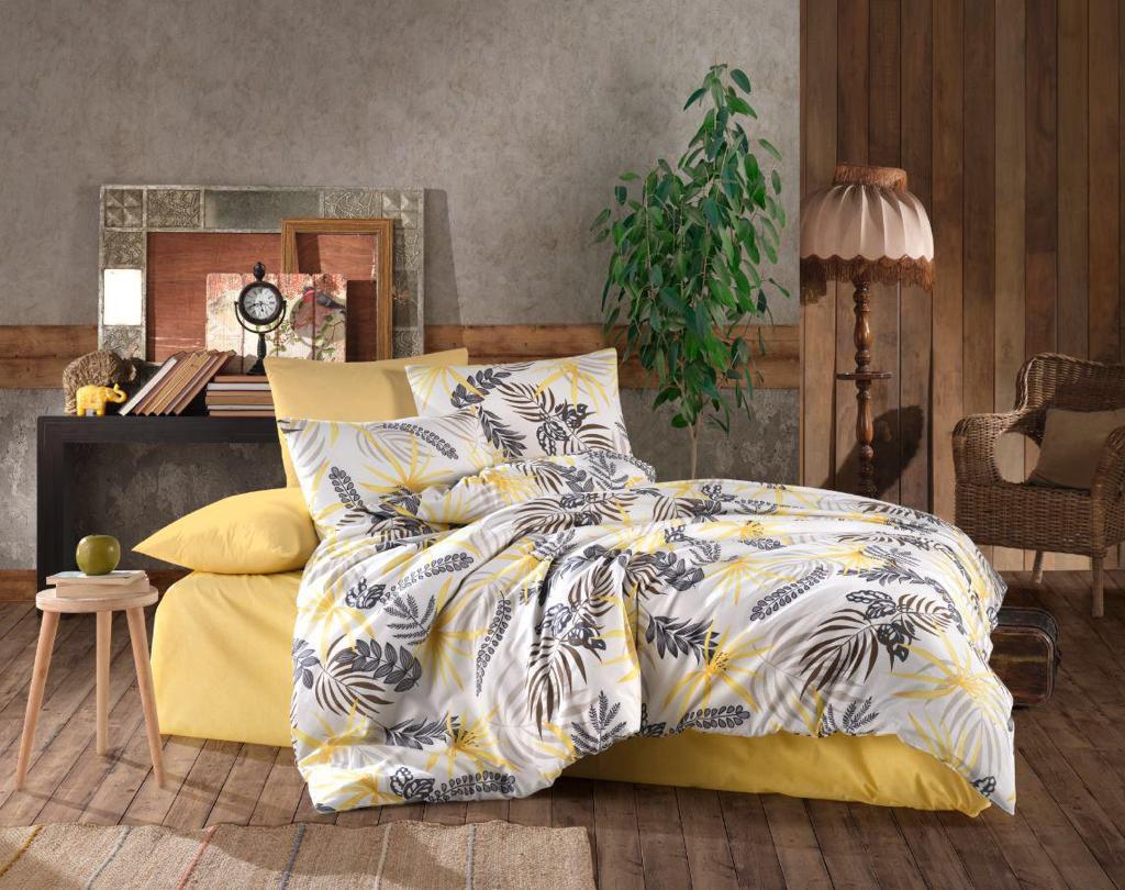 Yellow and grey leaf-patterned bed linen set