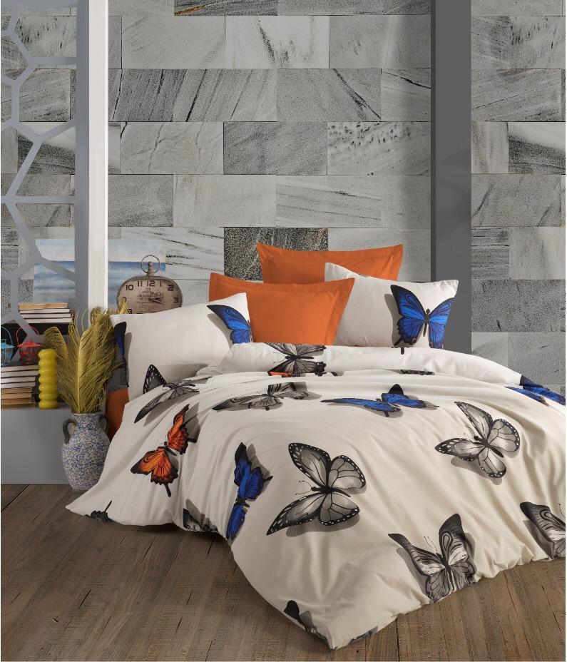 Bed linen set with large blue and orange butterfly patterns