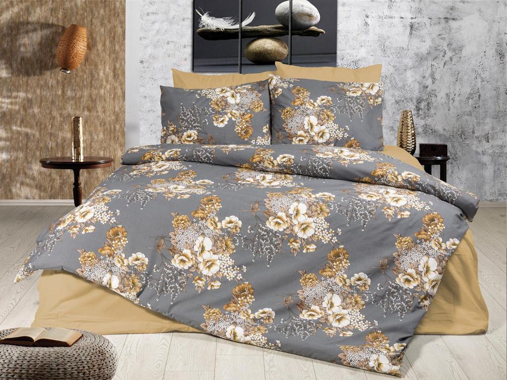 Bed linen set with yellow and white flowers on a grey background