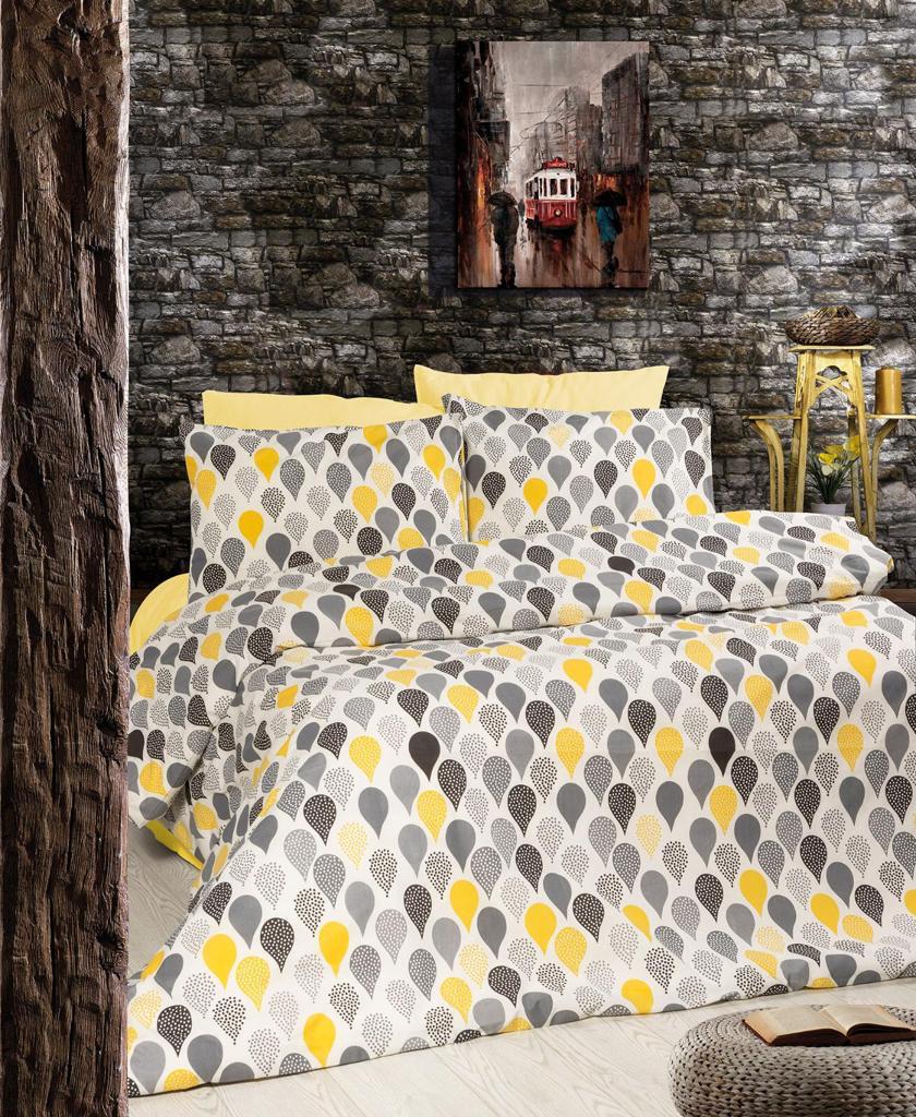Yellow and grey teardrop-patterned bed linen set