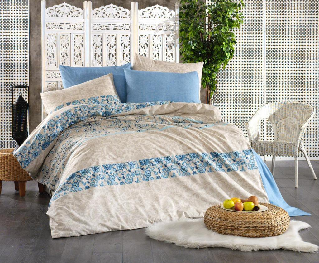 Bed linen set with blue floral bands on a cream background