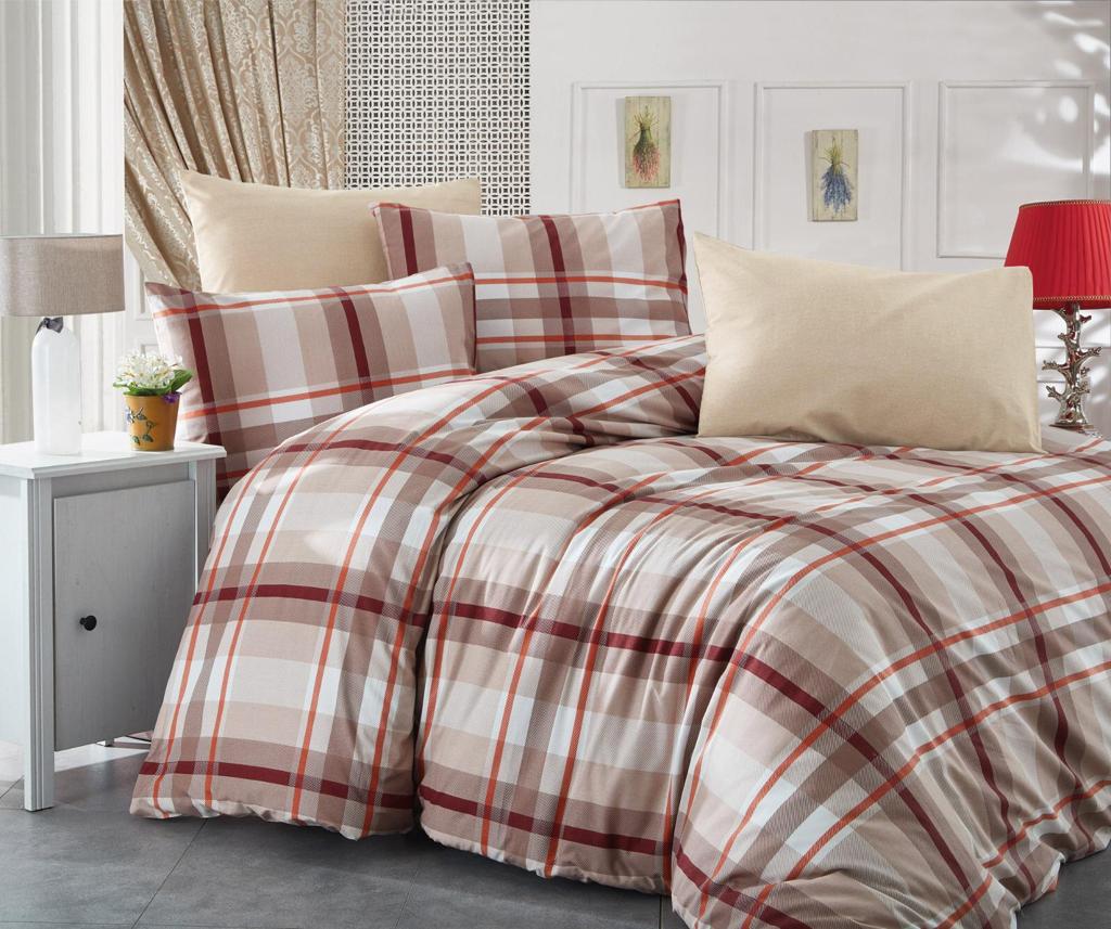 Beige and red checked bed linen set