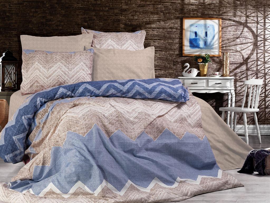 Blue and beige zigzag-patterned bed linen set