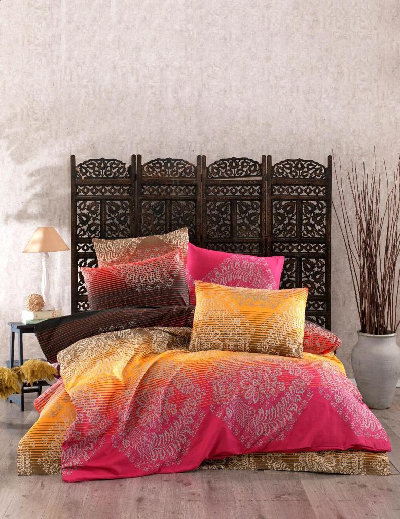 Bed linen set with motifs in fuchsia and yellow bands