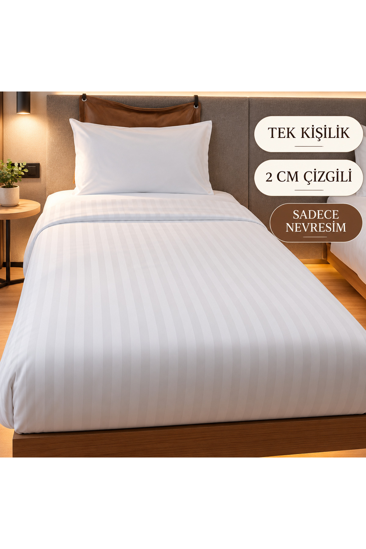 Otel Tipi 2 cm Çizgili Beyaz Nevresim 160 × 230 cm