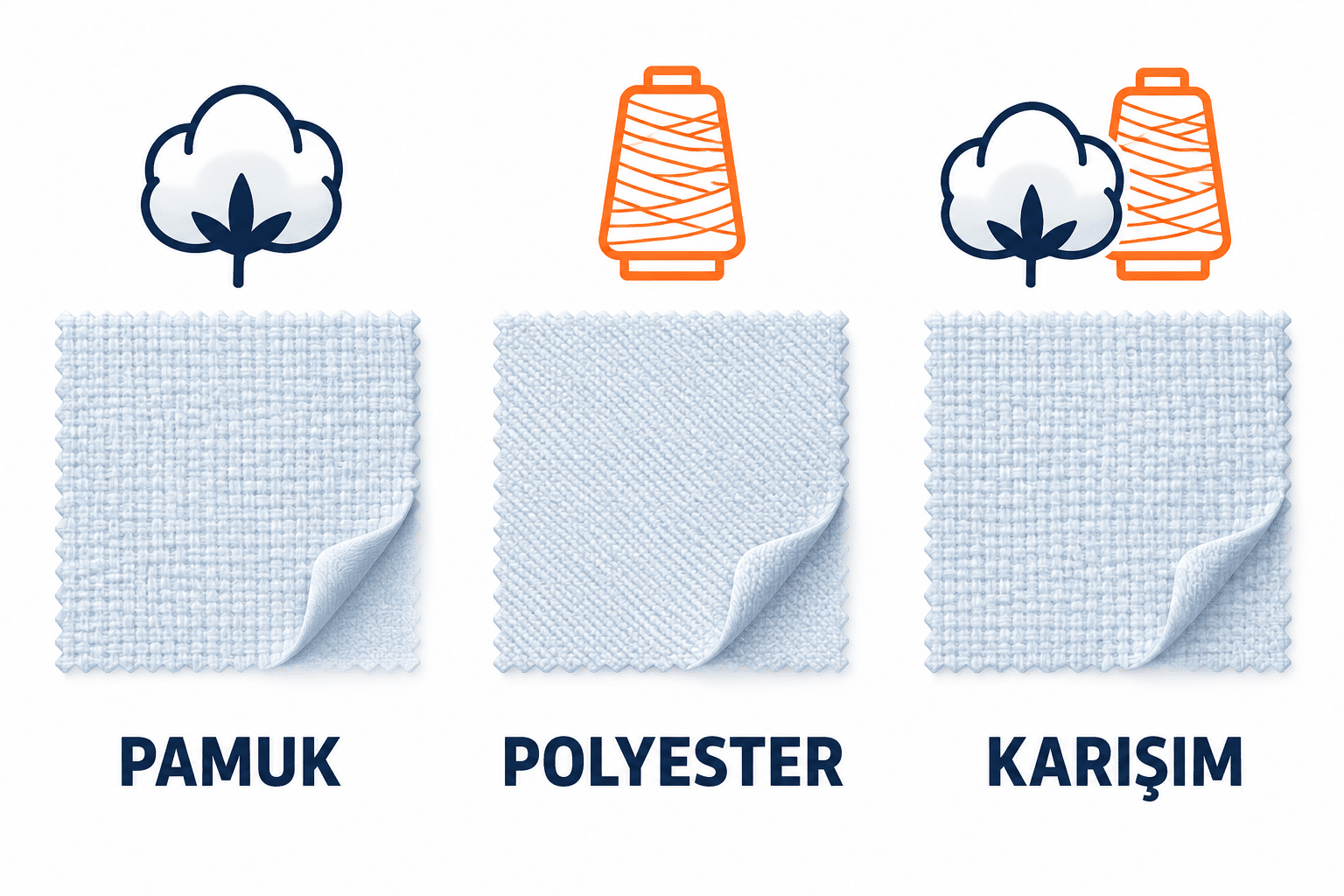 Pamuk, polyester ve karışım kumaş içeriklerini temsili simgelerle gösteren çizim.