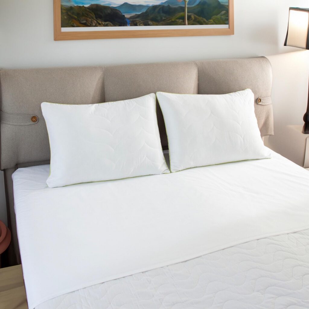Two white quilted pillows side by side in front of a headboard